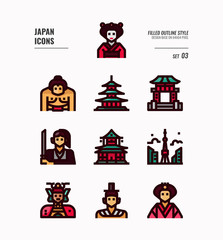 Japan flat icon set 3. Include Traditional costume, people, architecture, building and more. Filled outline icons Design.  vector illustration