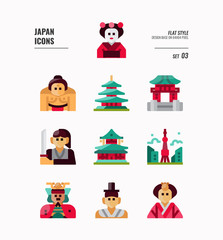 Japan flat icon set 3. Include Traditional costume, people, architecture, building and more. Flat icons Design. vector illustration