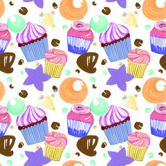 Little sweet delicious Buttercream cupcakes sprinkle and chocolate set watercolor gouache doodle art hand drawn colorful for party