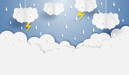 Monsoon, Rainy Season background . cloud rain and thunderbolt  hanging on blue sky. paper art style.vector. - obrazy, fototapety, plakaty