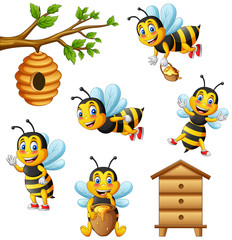 Cartoon cute bee and beehive. vector illustration