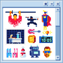 Obraz na płótnie Canvas Different pixel art characters for video games. Design for logo, poster, sticker and app. Isolated vector illustration. Fighter and superman, men with glasses, girl in the bathroom, robot and bunnies