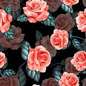 Seamless floral pattern with red roses on black background