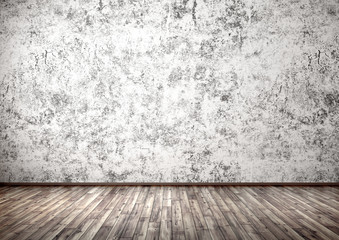 Stucco wall and wooden floor interior background 3d rendering
