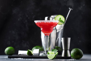 Watermelon margarita, alcoholic cocktail with silver tequila, lime juice, mint, watermelon and crushed ice, metal bar tools, gray background