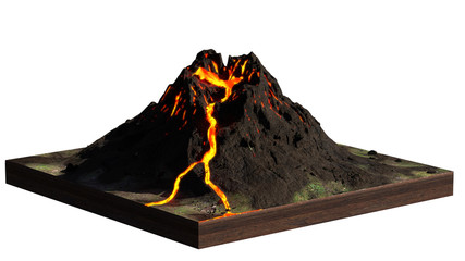 volcano erupts lava, model of a cross section of ground isolated on white background © dottedyeti
