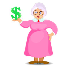 Flat illustration of modern smart business grandmother. Earn money. The Dollar sign is in my hand. Isolated . white. illustration