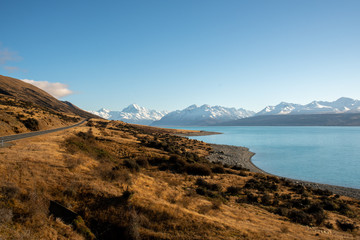 stunning views of Aoraki Mount Cook from the shores of Lake Pukaki in New Zealand
