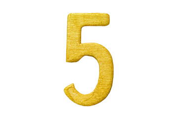 Golden number 5 isolated on white background