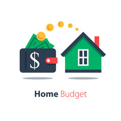 Mortgage loan, household expenses, real estate investment, house rental, property purchase, home finance and budget, living cost, vector flat illustration