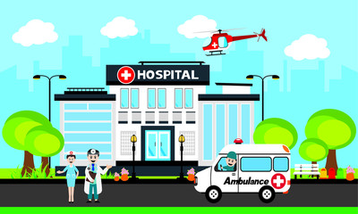   Patient care concept. Vector of doctor team standing on a hospital building, ambulance car background