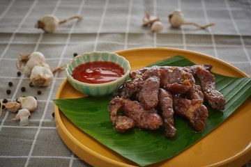 Dried Pork, Thai-Esan Food. Pork With Seasoning Herb Garlic.
