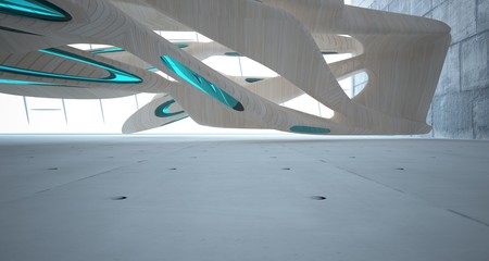 Empty abstract concrete, glass and wood smooth interior. Architectural background. 3D illustration and rendering