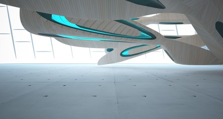 Empty abstract concrete, glass and wood smooth interior. Architectural background. 3D illustration and rendering