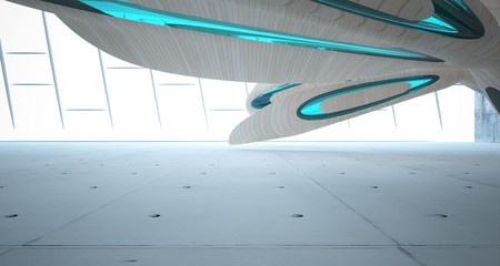 Empty abstract concrete, glass and wood smooth interior. Architectural background. 3D illustration and rendering