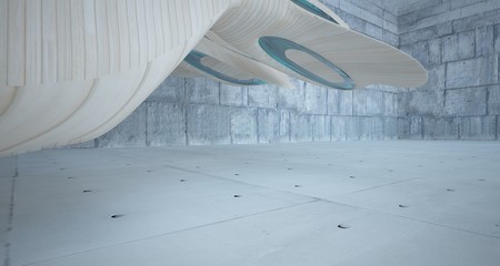 Empty abstract concrete, glass and wood smooth interior. Architectural background. 3D illustration and rendering