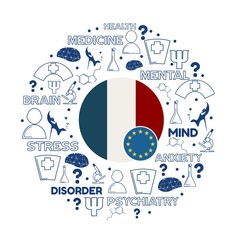 Mental health creative concept. Circle frame with medicine thin line icons and tags. Flags of the France and European Union