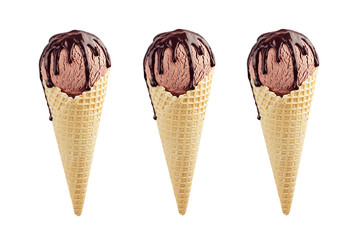 Set of three brown ice cream in crisp waffle cones with chocolate sauce isolated on white background, mock up.