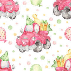 Pattern cute cartoon old red pickup with gifts watercolor