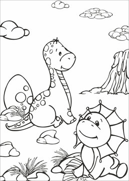 Coloring with a cute dinosaur sitting under a palm tree, on the background of a volcano . Cute prehistoric world for children's book.