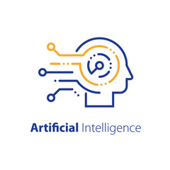Artificial intelligence concept, machine learning, robot technology and innovation, skill improvement workshop, critical thinking, decision making, vector line illustration