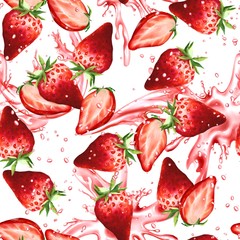 Red strawberry seamless pattern with juice splashes