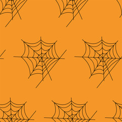 Web seamless vector pattern on white black orange background. Halloween texture.