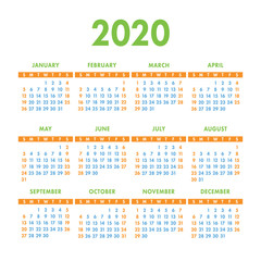 English calendar 2020 year. Vector square calender design template. Week starts on Sunday