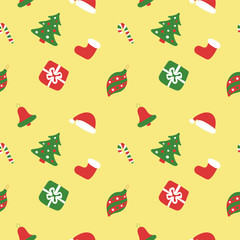 Christmas pattern. Winter holiday wallpaper. Seamless texture for the New Year. Santa Claus boot, cap, tree, bag, gift, stick, bell and balls