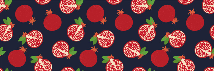 Garnet seamless pattern. Hand drawn fresh pomegranate. Vector sketch background. Color doodle wallpaper. Exotic tropical fruit. Fashion design. Food print for kitchen tablecloth, curtain or dishcloth
