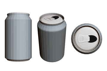 Set with metal cans of beer or other drinks. Top view, front, isometry. Polygonal cans of beer. Template for label. 3D. Vector illustration.