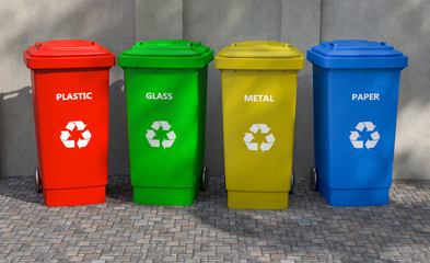 3D illustration of four colored containers for separate collection of garbage.