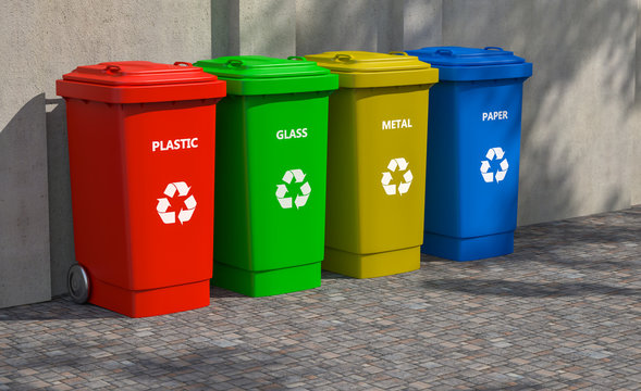 3D illustration of four colored containers for separate collection of garbage.