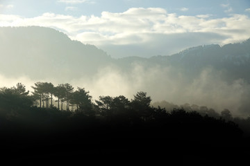 close up fogy mountains and forest over sunny and cloudy morning sky in Kayseri, Turkey