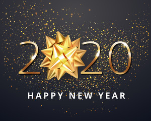 Greeting card  web banner or poster with happy new year 2020 with christmas bow gold glitter confetti and shine. Luxury golden and black color invitation. Vector illustration for web. EPS 10