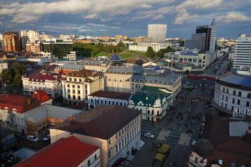 Obraz premium View of Bauman street in Kazan, from bell tower of the Cathedral, church and Kremlin. Kazan, Tatarstan, Russia.