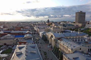 View of Bauman street in Kazan, from bell tower of the Cathedral, church and Kremlin. Kazan, Tatarstan, Russia.