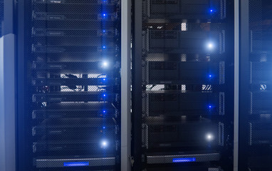 Blue server rack. Technology Concept supercomputer data