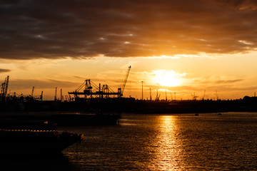 sunset in port of rotterdam