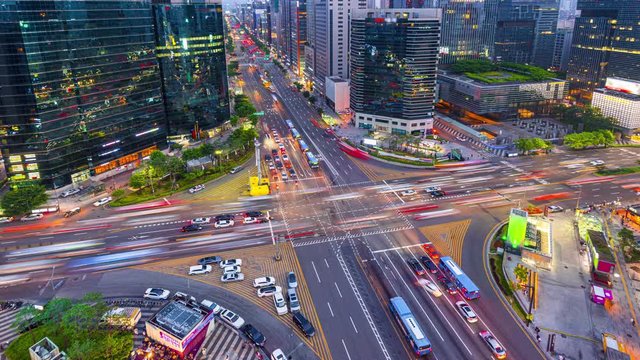 Timelapse Traffic at night in Gangnam City Seoul, South Korea.