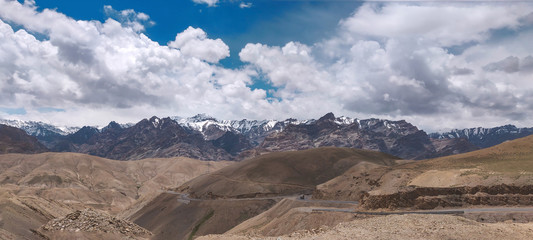Panoramic shot of Dry Himalayan mountains of the Ladakh region.