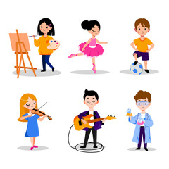 Fototapeta premium Kids hobby and education, vector flat cartoon illustration. Boys and girls leisure activities in kindergarten, preschool