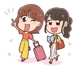 ２人旅をする女性のイラスト