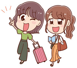 ２人旅をする女性のイラスト