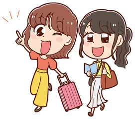 ２人旅をする女性のイラスト