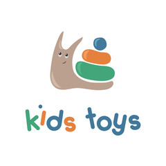 Kids toys logo. Funny cartoon snail on white background.