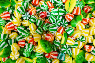 Close up view of assorted colorful different shape jelly candies