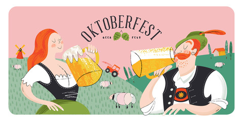 Oktoberfest, beer festival. Characters in German national dress drink beer from large mugs. Vector flat illustration with hand drawn unique textures.