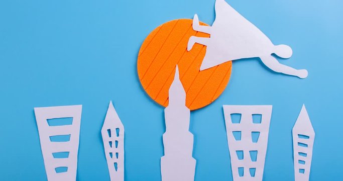 Superhero character flying over city