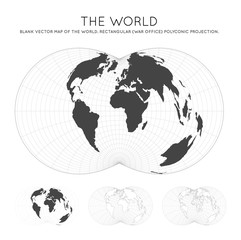 Map of The World. Rectangular (War Office) polyconic projection. Globe with latitude and longitude lines. World map on meridians and parallels background. Vector illustration.